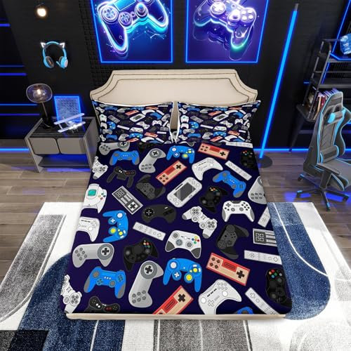 Erosebridal Gamer Spannbettlaken Queen Size Gaming Bett Set Jungen Gamepad Bettbezug für Kinder Teenager Juvenile Retro Videospiele Bettwäsche Set für Wohnzimmer Schlafsaal Dekorativ Bunt