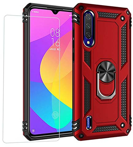Joytag kompatibel Coque Xiaomi Mi 9 Lite,Etui + Film de Verre trempé magnétique Support Armure Robuste Antichoc Silicone TPU 360 degré Cas de téléphone de Voiture Bumper-Rouge