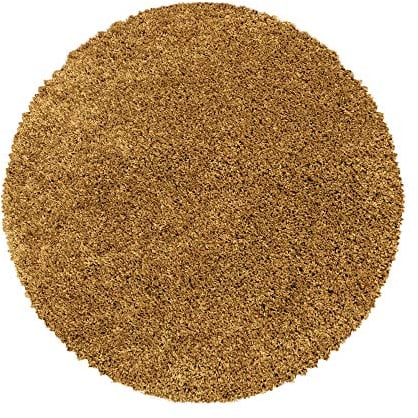 SIMPEX Teppich Wohnzimmer Shaggy 160 cm Rund Goldfarbe Modern Einfarbig Design - Hochflor Teppich Schlafzimmer Pflegeleicht und Extra Weich - Flauschiger Teppich Rund für Küche Esszimmer Kinderzimmer