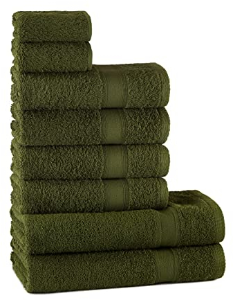Tuiste Set Asciugamani Bagno Verde Scuro, Hotel, Cotone, 2 Telo Doccia 70x140cm + 4 Asciugamani 50x90cm + 2 Asciugamani Ospiti 30x50cm, Asciugamani Bagno Viso e Bidet Verde Oliva, Morbidi, Assorbenti