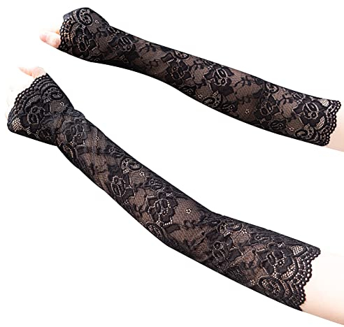 Spitze Fingerlose Handschuhe, Ellenbogen Lang Spitze Blumen Hochzeithandschuhe Sommer Sonnenschutz Handschuhe Hochzeit Party Abend Handschuhe Fahrhandschuhe Armstulpen für Radsport für Damen,Schwarz