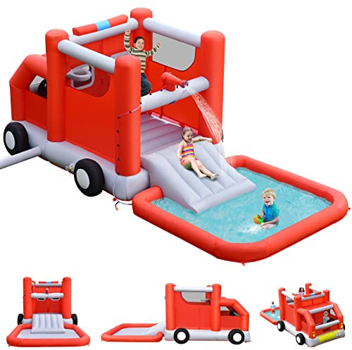 GOPLUS Château Gonflable Forme Camion de Pompier Trampoline&Toboggan&Pistolets à Eau,Parc Aquatique Gonflable pour Jardin, Cour pour 3-4 Enfants 3-10 Ans Jusqu’À 136KG 268x564x212cm (sans Souffleur)
