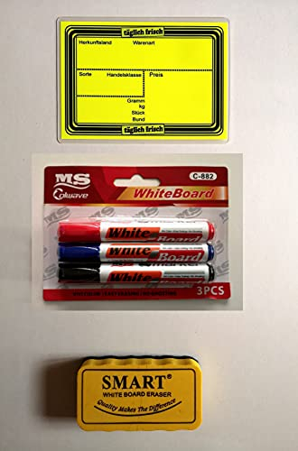 20 laminierte Preisschilder 111 x 154 mm neon-gelb + 3 Marker + 1 Schwamm zum Löschen für Obst und Gemüse mit Aufdruck