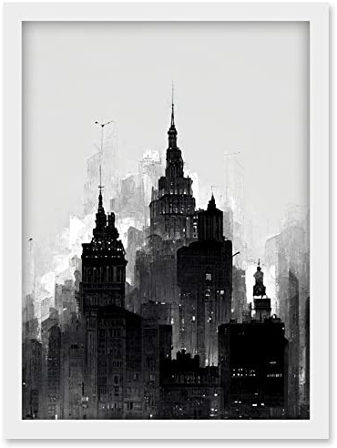Doppelganger33 LTD Skyscraper Cityscape Charcoal Illustration Black White Artwork Framed Wall Art Print A4