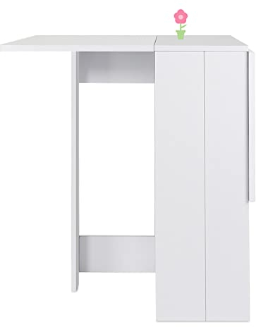 Mesa de Madera Plegable, Mesa de Comedor Bar con 2 Solapas 2 Estantes de Almacenaje para Cocina 103 * 76 * 73,4 cm (Blanco Puro)