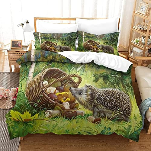 MIYOLI Bettwäsche 135x200 Igel Bettwäsche-Sets Igel 3D Bettbezug Weiche Pilz 110gsm Mikrofaser 3 Teilig Bettbezüge mit Reißverschluss und 2 Kissenbezug 80x80cm