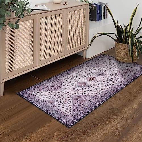 TALETA Olina Waschbarer Teppich Wohnzimmer, Kelim Teppich Kurzflor, Faltbar Gabbeh Küchenteppich für Schlafzimmer, Blumen, Grau 80x150cm