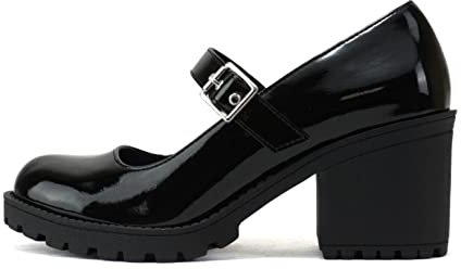 Soda Eviana Mary Jane Pumps mit rundem Zehenbereich, mittelgrob, Blockabsatz, Stollensohle, mit verstellbarem Riemen, Schwarz Lack, 40 EU