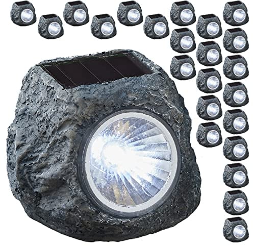 Cepewa Solarlampe 24er Set Steinoptik | schwarz 6,5x6x5cm Polyresin | Akkubetrieben Solarpaneel | Gartenleuchte Wegleuchte (1 x 24er Set Solarlampe Stein)