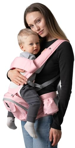 DROMADER Babytrage – 9-in-1 Ergonomische Trage für Babys von 4-36 Monaten – Hüftsitz, Sicherheitsschnallen & Thermofach – Ganzjährig nutzbar – 9 Tragepositionen – Pink
