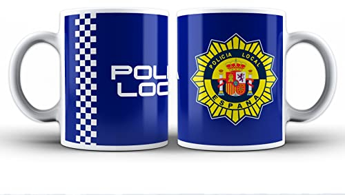 Taza de Policía Local con escudo, letras y fondo azul. Para desayuno, café o infusión. Se puede fregar y meter al microondas. De cerámica. Aguanta calor y frío