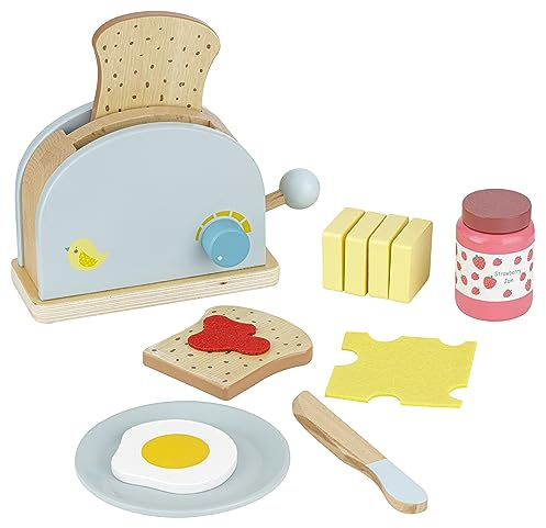 Baroni Toys Set Tostapane in Legno Montessori 10 Accessori, Gioco in Legno per la Preparazione dei Toast, Giochi in Legno per Bambini, Elettrodomestico Giocattolo dai 3 ai 7 Anni (JZH151)