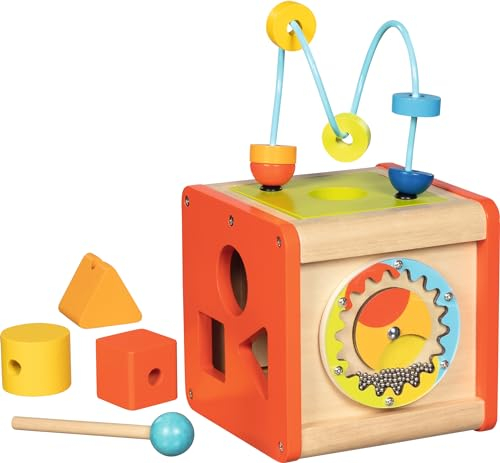 goki 59966 - Activity- und Motorikwürfel Beatbox aus Holz und Metall, Lernspielzeug für Kleinkinder, Fördert Feinmotorik und Sinneswahrnehmung, bunter Spielwürfel mit Geräuschen, 14x14x24cm, ab 1 Jahr