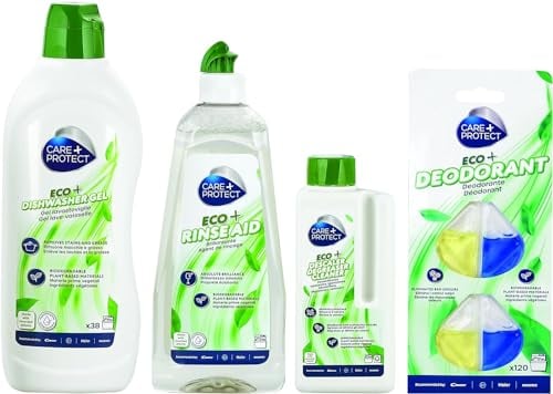 CARE + PROTECT ECO+ Dishwasher Eco-Friendly Bundle, Ultimate Four Pieces Set: Hypoallergenic Detergent in Gel, 650 ml, Extra Shine Rinse Aid, 500ml, Fragrance Deodorant, 3 in 1 Cleaning Liquid, 250ml