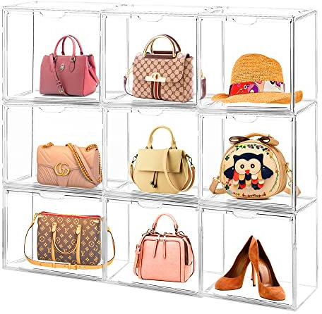 Cutora 4Pack Purse Organizer for Closet Clear Acrylic Display Case Handbag Storage Organizer Box with Magnetic Door Stackable Storage Bins with Dustproof Lid for Book Toys Shoes Cosmetic Collectibles