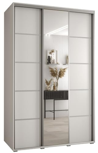 MEBLE KRYSPOL Davos 5 150 Schrank mit DREI Schiebetüren für Schlafzimmer - Moderner Schrank mit Spiegel, Kleiderstange und Regalen - 235,2x150x60 cm - Weiß Weiß Silber