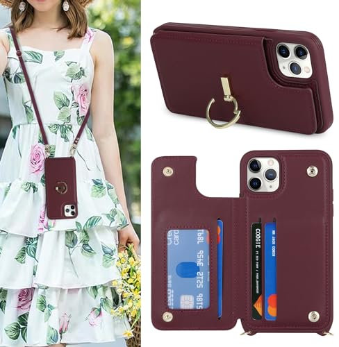 SailorTech iPhone 11 Pro Case with Card Holder, Leather Case with Ring Stand, Kickstand, Card Slots - Burgundy