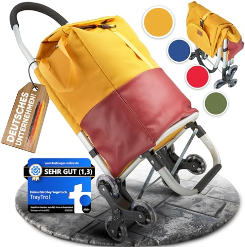 TrayTrol Einkaufstrolley klappbar mit Treppenläufer - Einkaufen ohne Schleppen - Einkaufswagen, Einkaufsroller, Trolley Shopper, Einkaufstasche Rollen, Hackenporsche, Shopping Trolley Bag (gelb/rot)