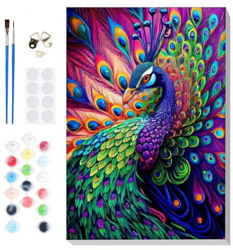 Lxmsja Peinture Numero Paon Adulte avec Cadre, Peinture par Numero Animaux, Peinture Acrylique Numéro d'art avec Pinceaux, Loisirs Créatifs Adultes, Activité Manuelle Adulte, 20x30cm