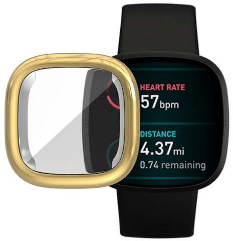 Hülle mit Displayschutz Kompatibel mit Fitbit Versa3/sense Schutzhülle, Weiche TPU Kantenschutz Kratzfest HD Ultradünne Schutz Case für Fitbit Versa3/sense (Gold)
