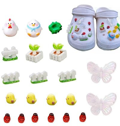 tikono Lot de 21 breloques 3D décoratives pour chaussures, coccinelles, plantes d'extérieur, jardin, clôture, poussin, herbe, papillon, breloques pour sabots, sandales, breloques de chaussures à faire