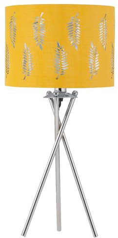 firstchoicelighting Tripod Table Lamp or Bedside Light, Modern Design, Ochre Yellow Leaf Cut Out Shade, Height 52cm, LED Compatible