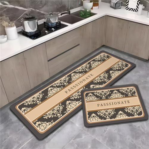 Hixingo Küchenteppich Waschbar rutschfest Retro Marokkanische Fliesen Super Saugfähig Küche Teppich Läufer aus Kieselgur, Esszimmer Flur Waschküche Bodenmatte Fußmatte (Grauer Barock,40x60cm)