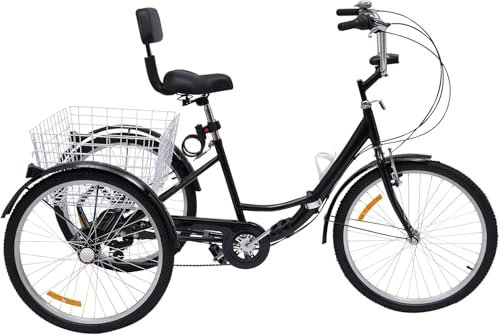 Dreirad für Erwachsene Dreirad 24 Zoll Fahrrad mit Korb 3-Rad-Fahrrad für Erwachsene Dreirad 7-Gang-Faltrad mit LED-Licht und Schutzblechen Geeignet für 160-185 cm, Max Tragfähigkeit 140KG (Schwarz)