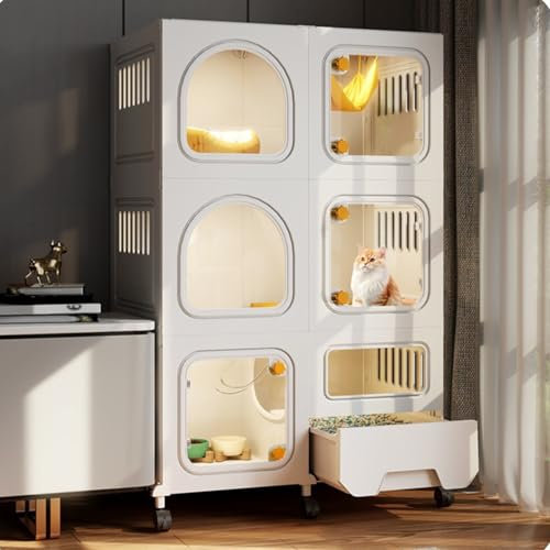 Jaula Para Gatos Interior Con Caja De Arena, Recinto Grande Para Gatos De 3 Niveles Para Hacer Uno Mismo, Casa Para Gatos Con Ruedas, Caseta Para Gatos Pequeños Desmontable - Fácil Instalación