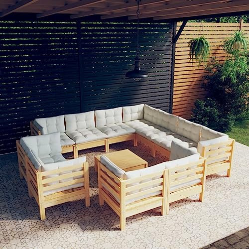 THOYTOUI 12-TLG. Garten-Lounge-Set, Sitzgruppe Outdoor Garten essgruppe Möbelsets Gartenmöbel Set Lounge Geeignet für Garten Terrasse Veranda Balkon mit Creme Kissen Massivholz Kiefer