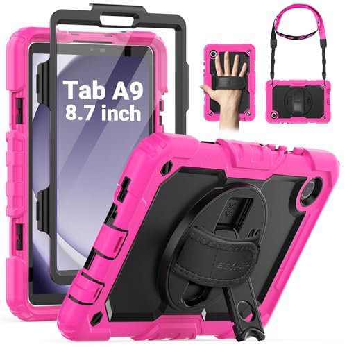 SEYMAC Coque pour Samsung Galaxy Tab A9 8,7 Pouces 2023, Coque Antichoc pour Galaxy Tab A9 avec Protecteur D'écran, Support Rotatif à 360°/Dragonne, Bandoulière, Porte-Stylo SM-X110/X115/X117, Rose