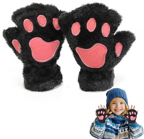 EQLEF Gant Chat Griffe, Gants Sans Doigts Mitaine Filles Patte de Chat Mignon Gants en Peluche D'hiver Chauds Gant Cosplay pour Enfants et Filles (Noir, 17cm)