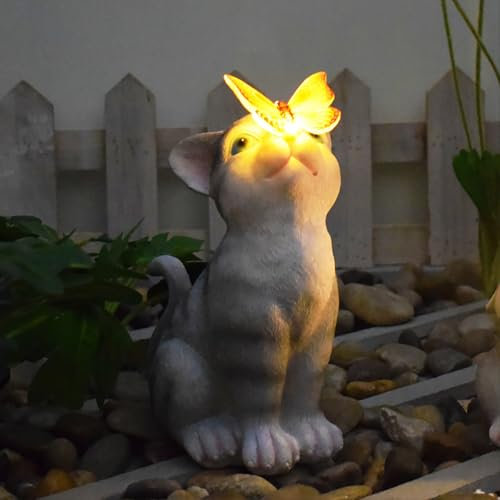 Kamanan Garten Deko Draußen, Solar Katze Deko mit Schmetterling, Grau, Harz, Katzenfiguren, Tischplatte, Solarbetrieben, Hochwertige Materialien