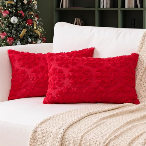 Ohok 2er Set Weihnachten Kissenbezug, Weiche Zierkissenbezüge Modern Dekokissen Kissenhülle Set Weihnachtsdeko für Sofa Couch Wohnzimmer Schlafzimmer (Plüsch Schneeflocke Rot, 30x50cm)