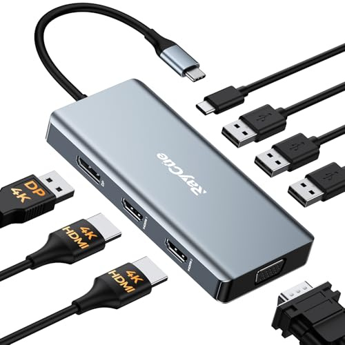 Docking station USB C Dual Monitor Adapter, Laptop Docking Station 3 Monitor Display Quadruplo USB C Hub Dongle a 4K HDMI+DP+VGA