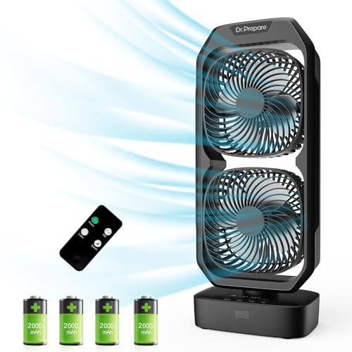 DR.PREPARE Ventilador de torre oscilante pequeño con control remoto, ventilador de escritorio alimentado por batería recargable para dormitorio, inclinación de 250°, temporizador de 8 horas, 3