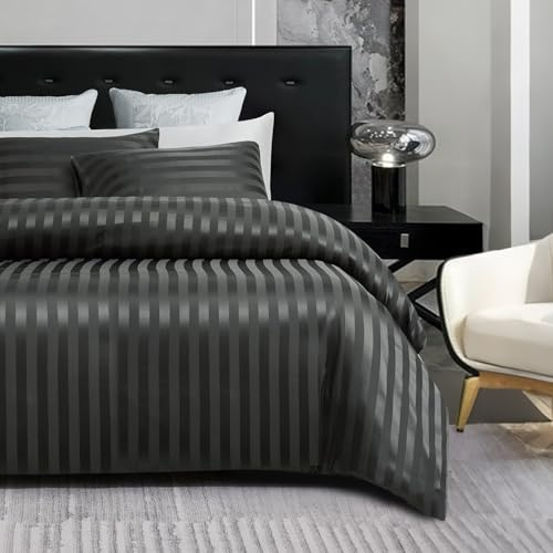 Gezu Satin-Bettbezug, 140 x 200 cm, Anthrazitgrau, Bettwäsche, 140 x 200 cm, gestreift, glatt, seidig, glänzend, Mikrofaser, Bettbezug für Einzelbett, mit 1 Kissenbezug und Reißverschluss