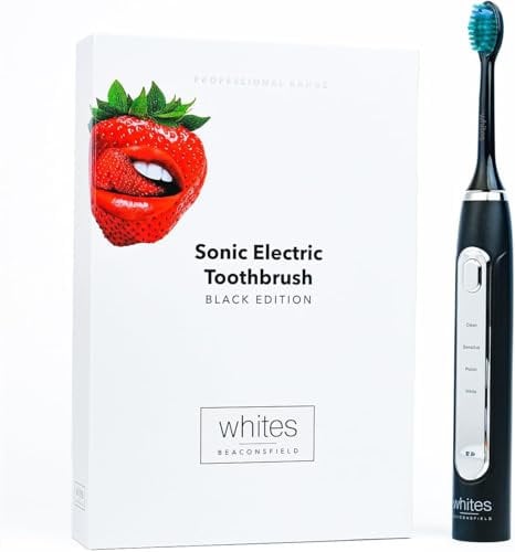 Whites Beaconsfield Black Sonic Elektrische Zahnbürste – Fortschrittliche Zahnaufhellung mit 5 Reinigungsmodi, 37.000 Vibrationen, lange Akkulaufzeit, Premium-Borsten, USB-Aufladung, 2 Ersatzköpfe