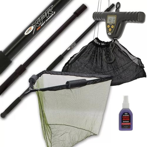 Carp Fishing Landing Net Dual Float 42 Metal Spreader V Block with 2m Pole Handle Telescopic Screw Handle & Black XPR Digital Scale 50kg/110lbs Soft Mesh Sling and Fishing Aid Spray Angling Tackle