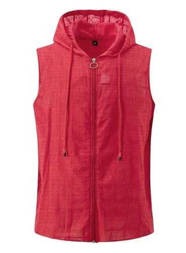 Vhersily Herren Ärmelloses Tanktop mit Kapuze Reißverschluss Sommer Bodybuilding Fitness Sportshirt Ärmellos für Herren Sport Freizeit, rot, L