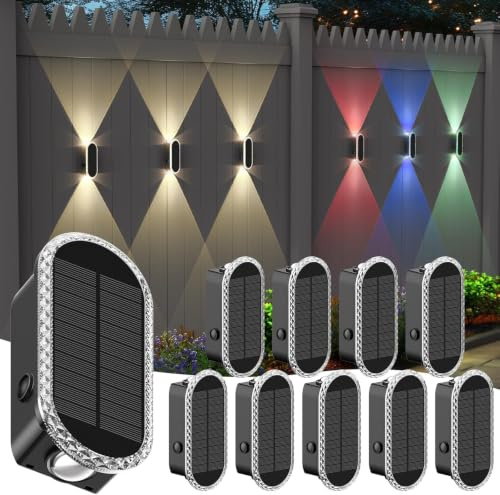 Herzila 10 Pack Solar Fence Lights,RGBW Solar Powered Fence Wall Lights, IP65 Waterproof 8-Color Changing Up Down Lighting Wall Lights for Outdoor/Patio/Porch/Pool Cage