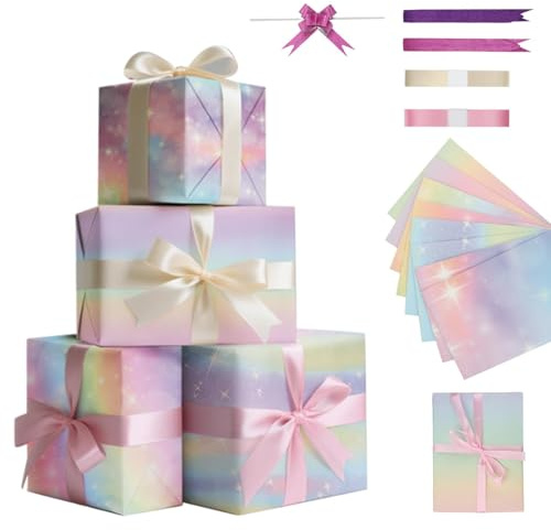 XRXYMQ Geschenkpapier Geburtstag 8 Blatt 70 x 50 cm Bunt mit 2 Bändern | Geschenkpapier für Mädchen, farbenfrohes Design mit passenden Geschenkbändern, ideal für Geburtstag, Hochzeit andere Anlässe