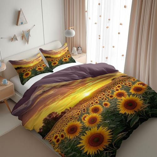 CozyRest Premium Bettwäsche Set 100 x 135 cm 2teilig Lila Sonnenblumenfeld Weich & bügelfrei Bettbezüge mit Reißverschluss Antiallergisch Atmungsaktiv Bettwäsche Set mit 1 Kissenbezüge 40cm x 60cm