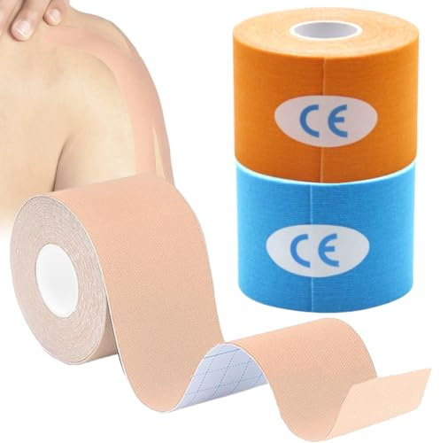 GGUFAY 3 Rouleaux Kinesio Tape, 5 m x 5 cm, Tape Kinesiologie,Strapping Résistante Tape Kinesiologie Résiste,Imperméable & élastique Sport Tape,pour Genoux épaules Coudes