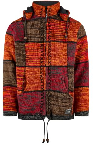 THC Natural Line Handgefertigte Patchwork Schafwolljacke Damen & Herren – Strickjacke mit roten Quadraten & Fleece-Futter – Modell 815 – Warme Wolljacke mit Abnehmbarer Kapuze