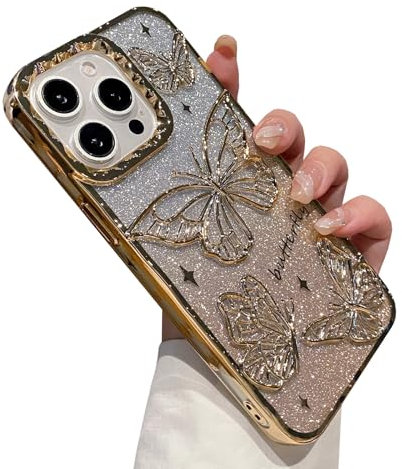 QoKcoahn Butterfly Phone Case for iPhone 11 Pro Max,Cute Bling Butterfly Luxury Sparkle Glitter Diamond Crystal Rhinestone 6D Electroplated Soft TPU Protective Cover for Girls Women Gold