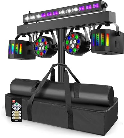 Telbum DJ Licht DMX DJ Lichtanlage mit Stativ, 2x LED PAR, 2x Derby und 1x UV stroboskop Lichtleiste, Musikgesteuert Bühnenlicht Set für Party Disco Kirchen Hochzeit inkl. Fernbedienung & Tragetasche