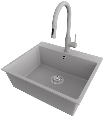 PRIMAGRAN Granitspüle ab 60er Unterschrank + Küchenarmatur, 58x50cm | Set: Küchenarmatur BW9010 + Ablauf-Set (Siphon, Ablaufgarnitur, Überlauf) + Spülbecken 1 Becken - Riga, Grau