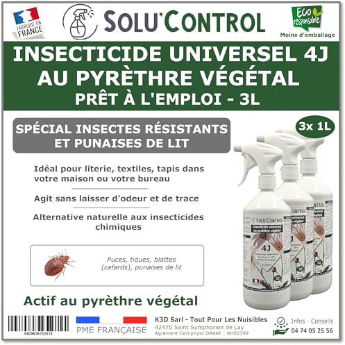 Solu’Control Insecticide Universel 4J au Pyrèthre Végétal – Prêt à l’Emploi 3L (3x1L) – Spécial Punaises de Lit & Insectes Résistants – Sans PBO – Fabriqué en France