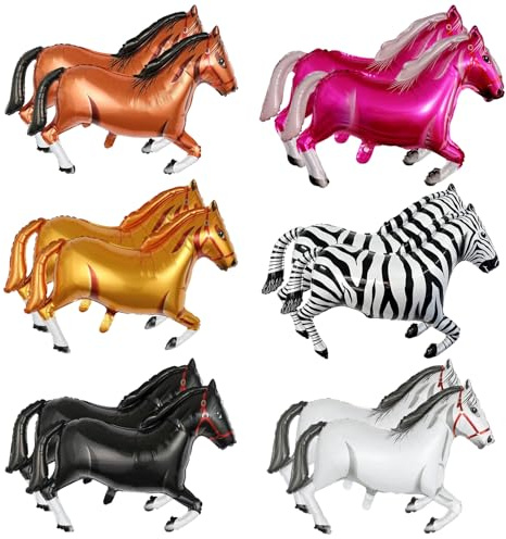 12 Stück Pferde Luftballon Folienballon Pferd, Pferde Geburtstagsdeko, Pferde Luftballons Geburtstag, Deko Pferdegeburtstag, Schwarz Weiß Braun Hellbraun Pink Zebra 83x54cm